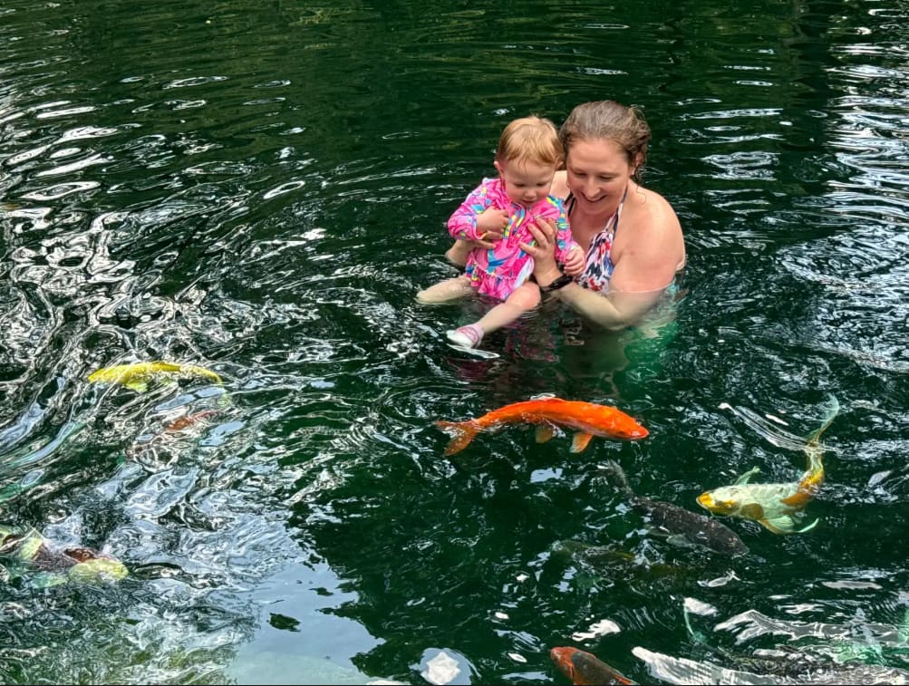 Recreational Pond with natural stone edging where a family wades in the water